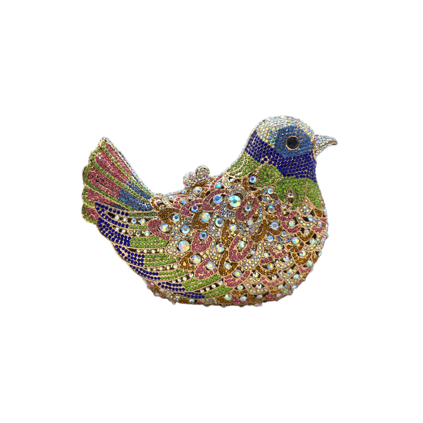 Romantic and stylish bridal bird clutch with intricate textures, gemstone embellishments, and a polished finish, adding a unique and artistic flair to bridal attire.